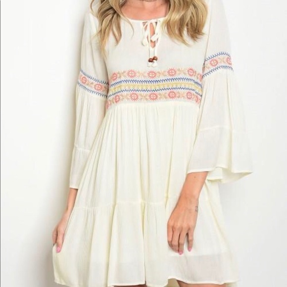 Ivory Embroidered Bell Sleeve Dress - Picture 2 of 3